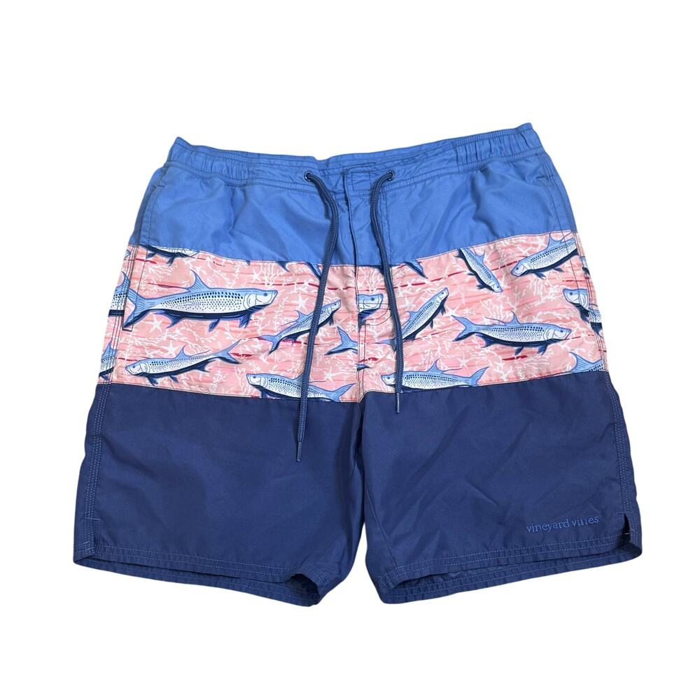 Vineyard Vines Mens Small Fish Print Color Block Swim Trunks Board Shorts